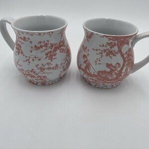 Harry And David Pink Toile Ceramic Coffee Mugs Cup Set 2 Pair 4 1/4"